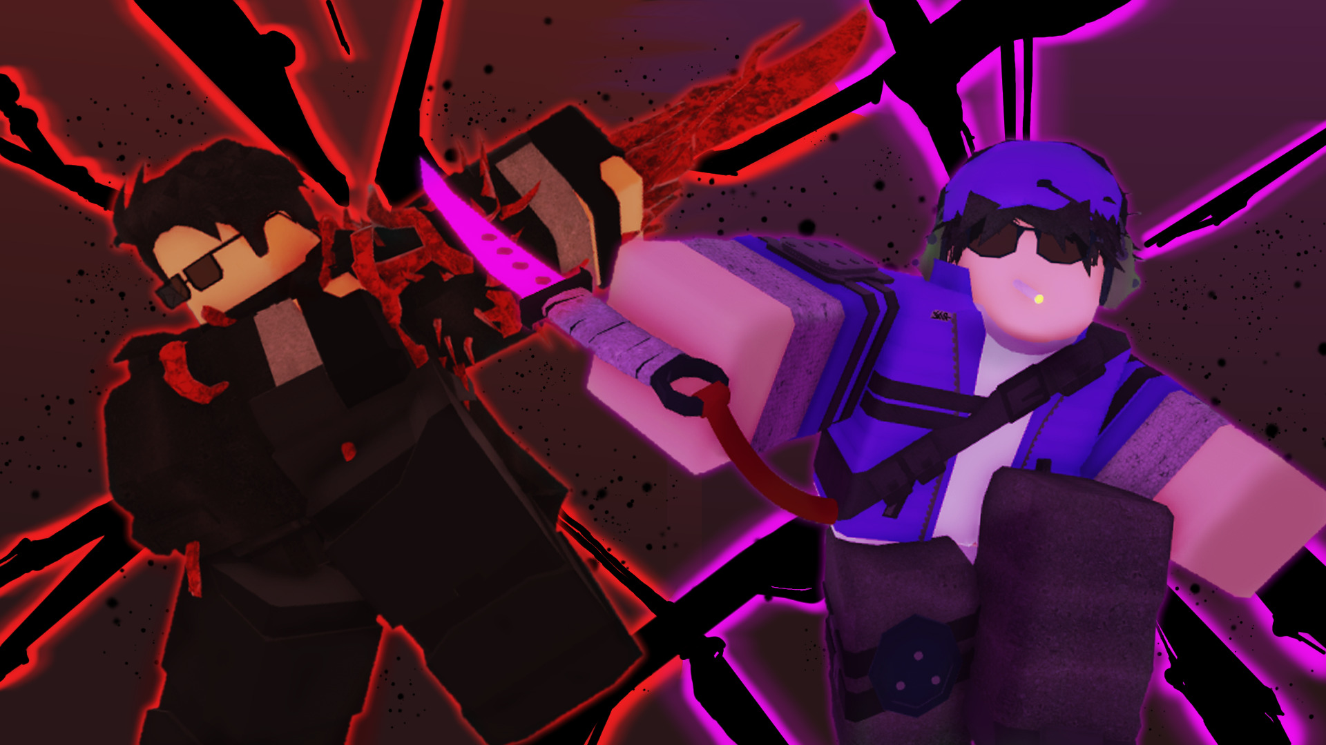 Thumbnail: two Roblox characters facing off with red and purple glow
